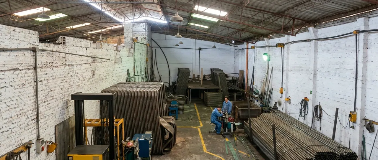 Nave de la planta de INDOMEC en Fontibón, con piezas curvadas apiladas y dos operarios en la dobladora